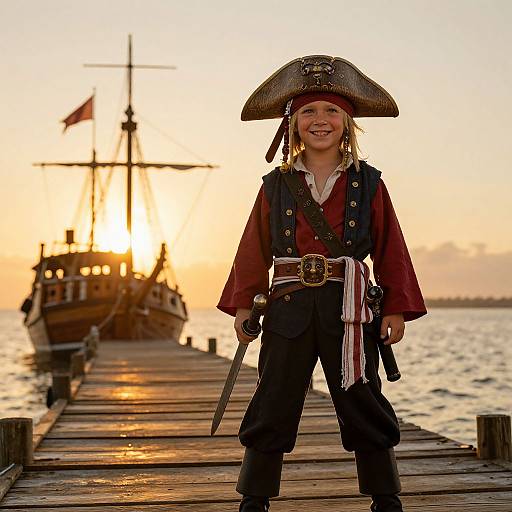 Photograph of a smiling child pirate in a tricorne hat, red shirt, black vest, and pants, standing on a wooden dock at sunset