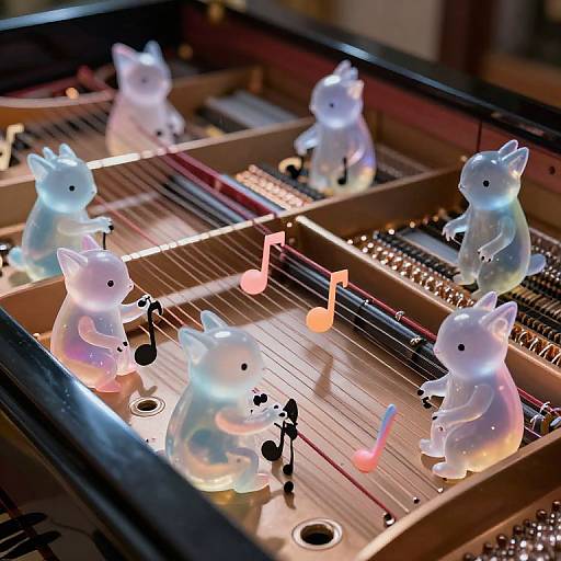 Photograph of illuminated, translucent cat figurines sitting on a piano keyboard, with glowing musical notes and black piano hammers.