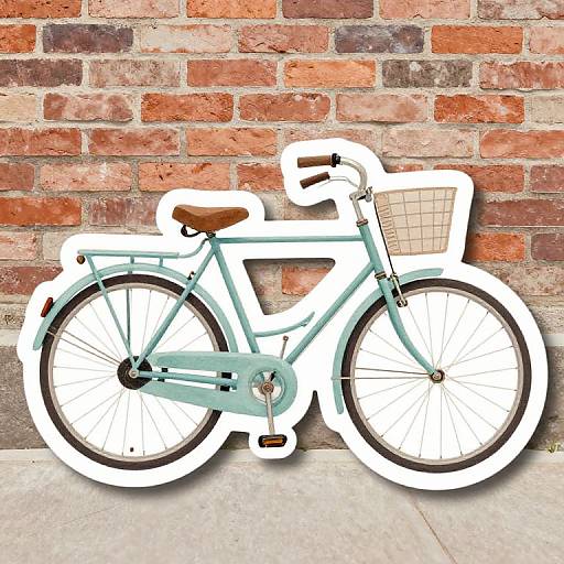 Digital illustration of a mint-green vintage-style bicycle with a brown leather seat and wire basket, set against a rustic red brick wall.