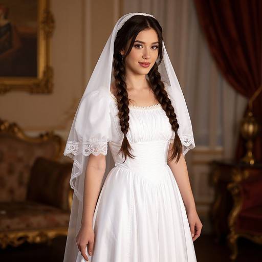 Photograph of a young woman with long, braided black hair, wearing a white wedding dress and veil, standing in an elegant, warmly lit room