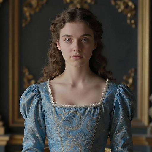 Photograph of a young woman with long, wavy brown hair, wearing an ornate blue Renaissance-style dress with gold patterns, standing against a dark