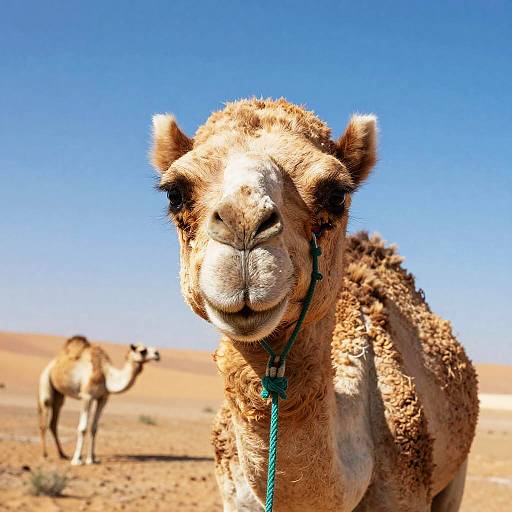 Photograph of a close-up, curious camel with a green halter against a clear blue sky, with another camel in the sandy desert background.