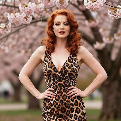 Photograph of a fair-skinned, red-haired woman with curled hair, wearing a leopard-print dress, standing confidently with hands on hips, in front