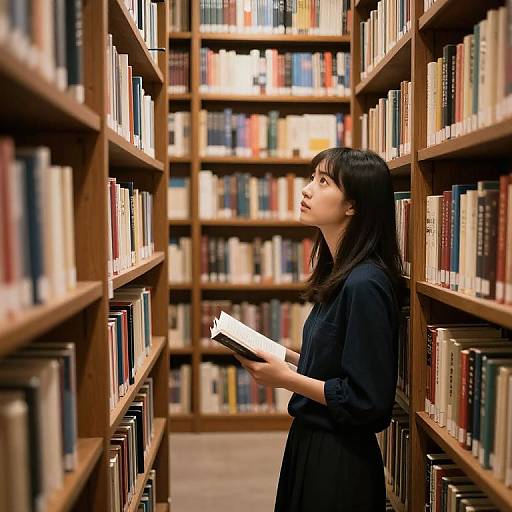 Photograph of an Asian woman with long black hair, wearing a black dress, standing in a library aisle, holding a book, surrounded by tall wooden