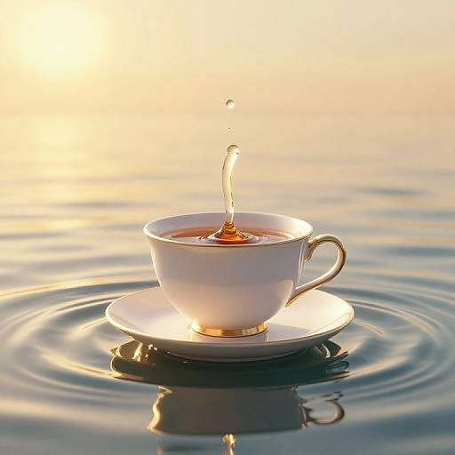 Photograph of a white teacup with gold trim, on a matching saucer, floating on calm water, with tea splashing up.
