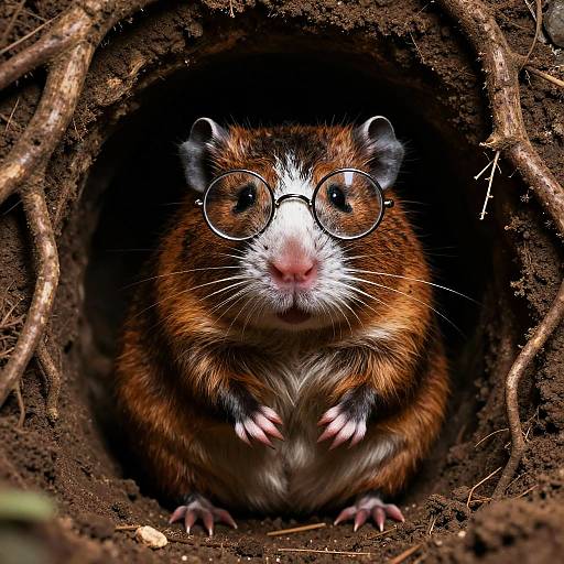 Mole Rat Wearing Glasses in Underground Tunnel