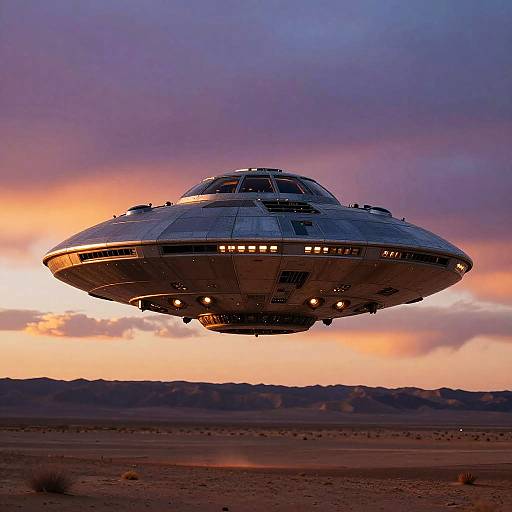 Futuristic Cigar-Shaped UFO at Sunset