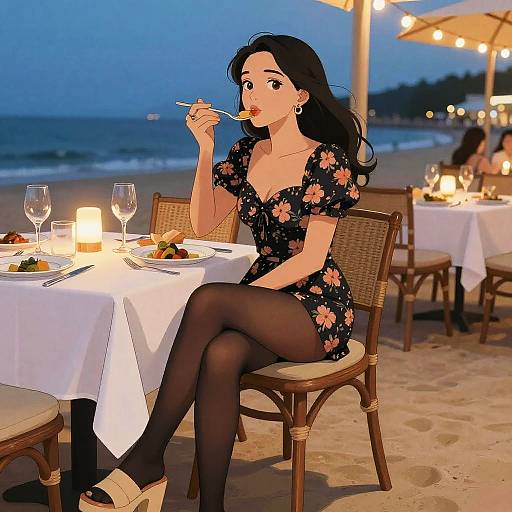 Playful Woman at Dusk Beach Dinner