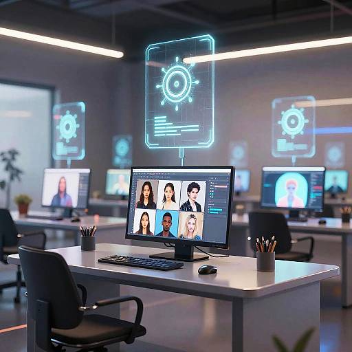 Photograph of a modern, futuristic office with glowing blue holographic screens, multiple monitors displaying faces, and sleek white desks.