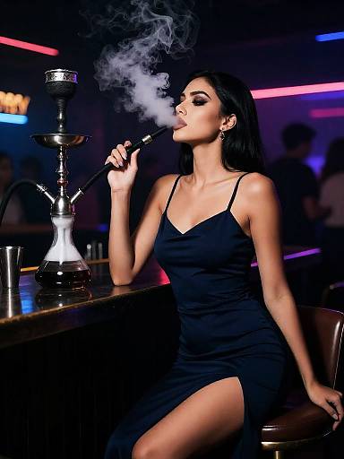 Mysterious Woman Smoking Shisha at Night