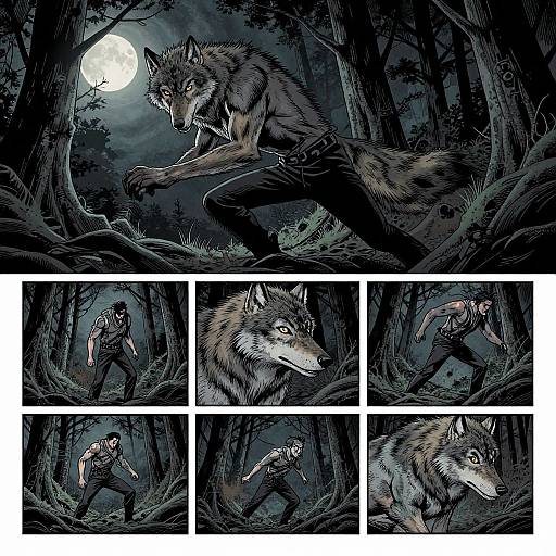 Comic panel: Full moonlit forest, werewolf transforming from man, detailed black-and-gray fur, claws, intense yellow eyes, muscular physique, multiple