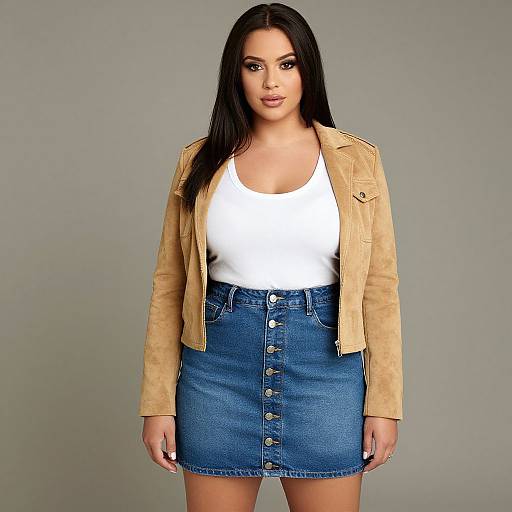 Photograph of a woman with long black hair, wearing a tan leather jacket, white tank top, and blue button-up skirt, standing against a plain