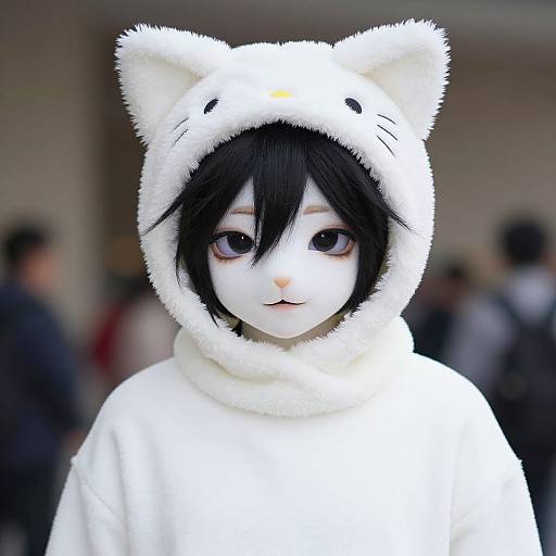 Photograph of a person with pale skin, black hair, and large eyes, wearing a white cat-eared hooded costume in a blurred, outdoor