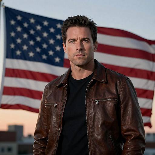 Serious Man Against Wavy American Flag