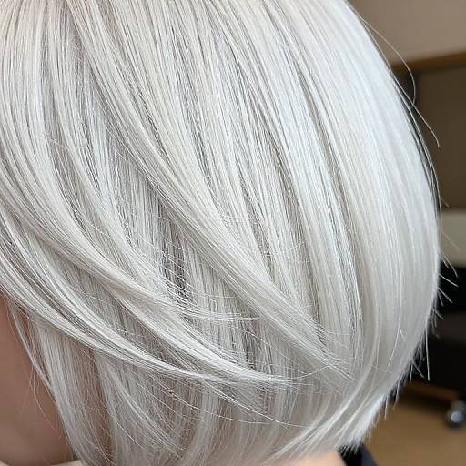 Close-up photograph of a person's head with shiny, platinum white, shoulder-length hair, showing smooth, straight strands and a blurred background.
