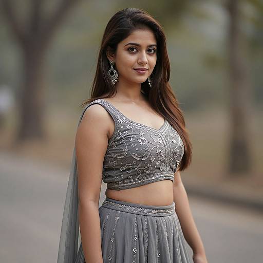 Photograph of an Indian woman with long dark hair, wearing a silver embroidered crop top and grey dupatta skirt, standing outdoors.
