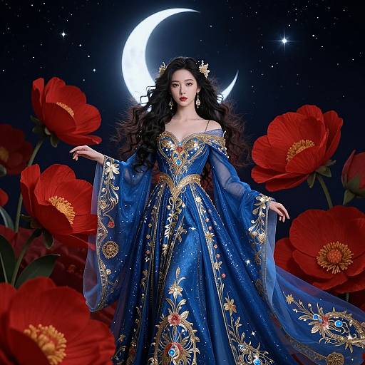 Digital artwork of a fair-skinned woman with long black hair, wearing a blue, star-embroidered, off-shoulder gown, under