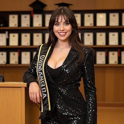 Photograph of a smiling woman with long brown hair, wearing a sequined black dress, sash reading 