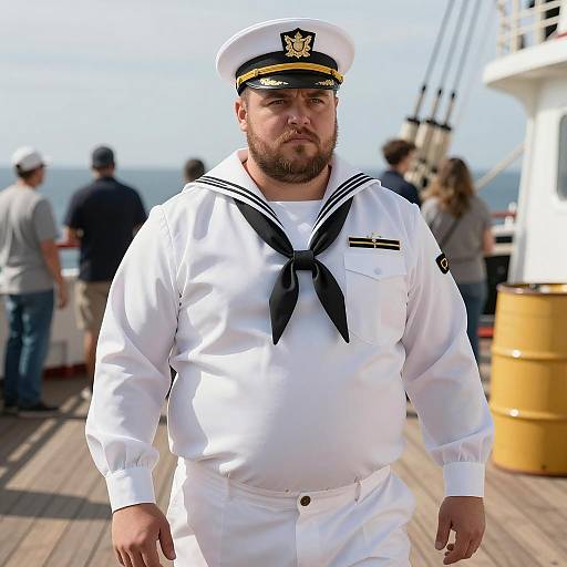 Plus Size Sailor in Naval Uniform on Ship Deck