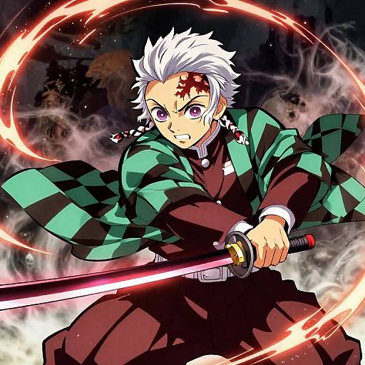 Anime-style digital drawing of a white-haired, purple-eyed male character with a green-black checkered cape, wielding a glowing red sword, surrounded by fiery