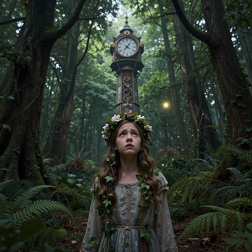 Photograph of a young girl with a flower crown, wearing a lace dress, standing in a dark, mystical forest with an antique clock tower in the