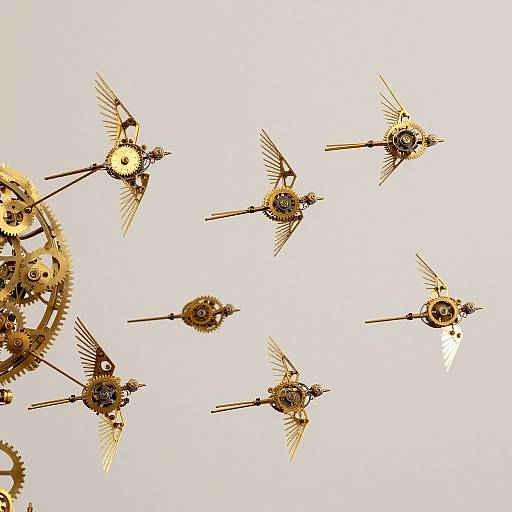 Photograph of intricate, gold, mechanical birds with wings spread, circling around a detailed clock mechanism on a white background.