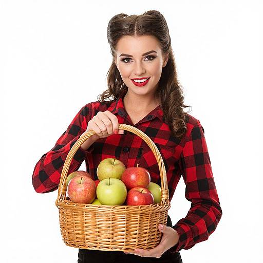 Photograph of a smiling woman with dark hair in a red and black plaid shirt, holding a wicker basket filled with red and green apples.