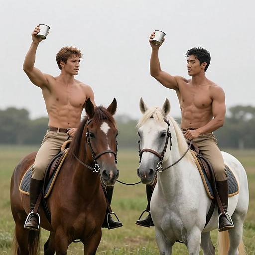 Muscular Men Riding Horses in Field