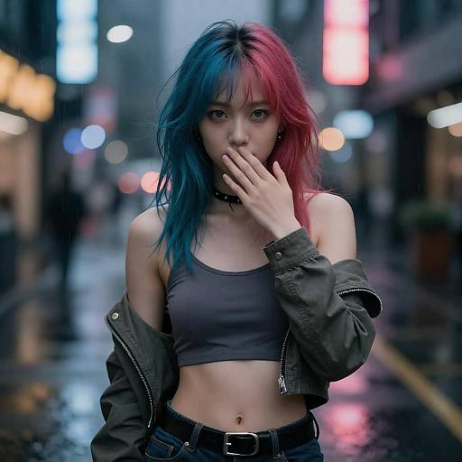 Neon Night Portrait of Multi-Colored Girl