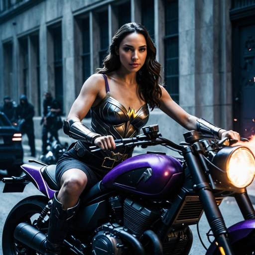 Woman in Wonder Woman Costume on Purple Motorcycle