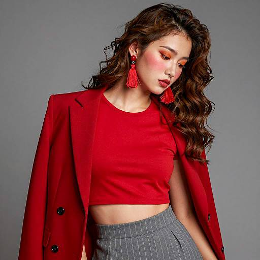 Stylish woman in red crop top and blazer