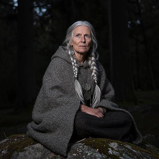Photograph of an elderly woman with long white hair in braids, wearing a gray wool cloak, sitting on a mossy rock in a dark forest