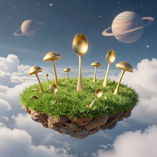 Digital art of a floating grassy island with golden mushrooms, surrounded by a starry sky and planetary rings, above fluffy clouds.