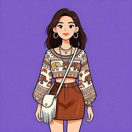 Digital illustration of a smiling young woman with medium-length black hair, wearing a patterned crop top, high-waisted brown skirt, large hoop earrings