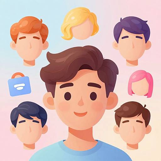 Digital cartoon-style image of a smiling boy with brown hair, surrounded by six headshots of diverse, colorful-haired children.