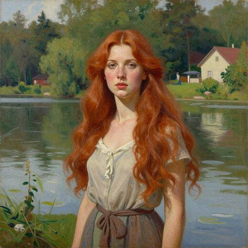Painting of a young woman with long red hair, wearing a white blouse and brown skirt, standing by a calm lake with a house and trees in
