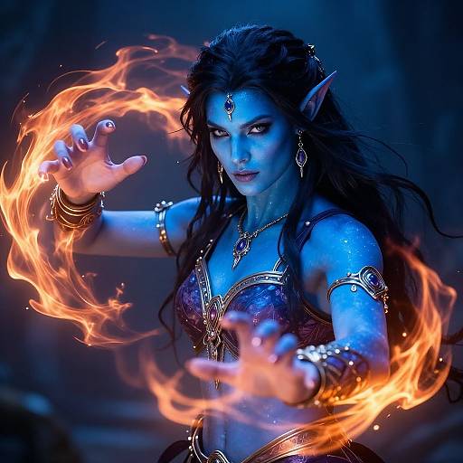 Blue Tiefling Casting Fiery Spell