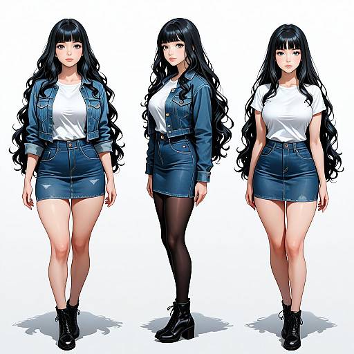 Digital anime-style illustration of a black-haired woman with long wavy hair, wearing a white t-shirt, denim jacket, and high-waisted denim