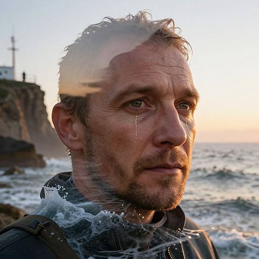 Photograph of a rugged, middle-aged man with wet hair, tear streaks, and a serious expression, standing by a rocky ocean shoreline at sunset