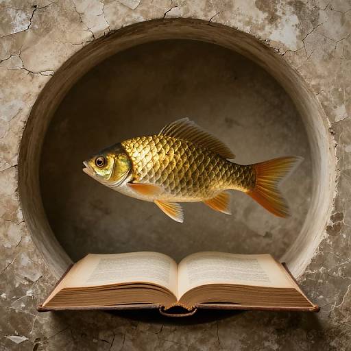 Photograph of a golden fish with orange fins floating above an open book, set within a circular, cracked stone niche.