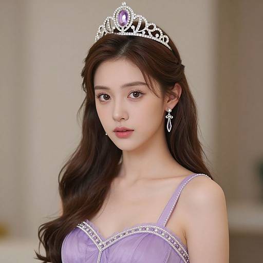 Photograph of a young Asian woman with long dark hair, wearing a silver tiara, purple lace dress, and dangling earrings, looking softly at the