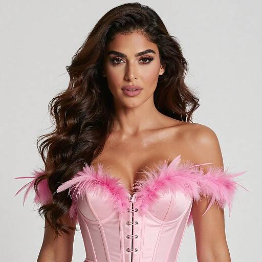 Confident Woman in Pink Feathered Corset