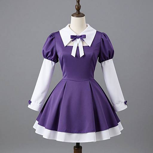 Photograph of a purple and white vintage-style dress on a mannequin, featuring puffed sleeves, white collar, cuffs, and bow, with
