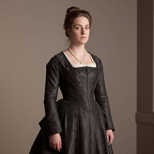 Photograph of a fair-skinned, dark-haired woman in 18th-century black brocade dress with white lace collar, standing against a plain gray