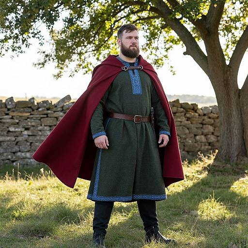 Photograph of a bearded man with a full red cloak, dark medieval-style tunic, and brown belt, standing in a sunlit grassy