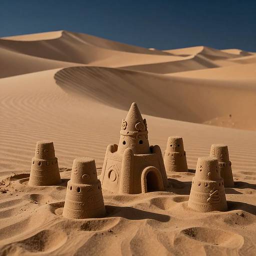Photograph of intricate sandcastle village with cylindrical towers and a central, domed tower in expansive, sunlit desert dunes under clear blue sky.