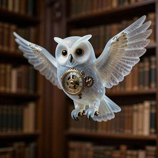 CGI image of a glowing, white owl with large, detailed wings and gears on its chest, flying over a blurred library background.