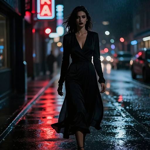 Photograph of a dark-haired woman in a black dress walking on a rainy, neon-lit city street at night, reflections glowing on the wet pavement