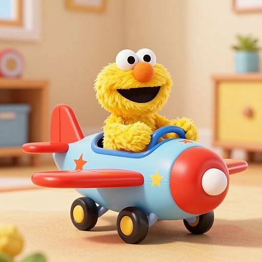 CGI image of Elmo from Sesame Street sitting in a colorful, toy airplane with red nose, blue body, and yellow stars. Bright,