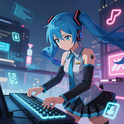 Digital anime-style drawing of Hatsune Miku, a blue-haired virtual singer, playing a glowing neon-lit synthesizer in a futuristic cityscape.
